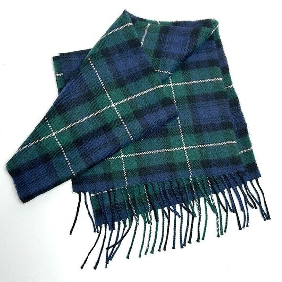 Men’s Ingles Buchan Wool Scarf Green Blue Tartan Plaid Fringe Made in Scotland - Picture 2 of 5